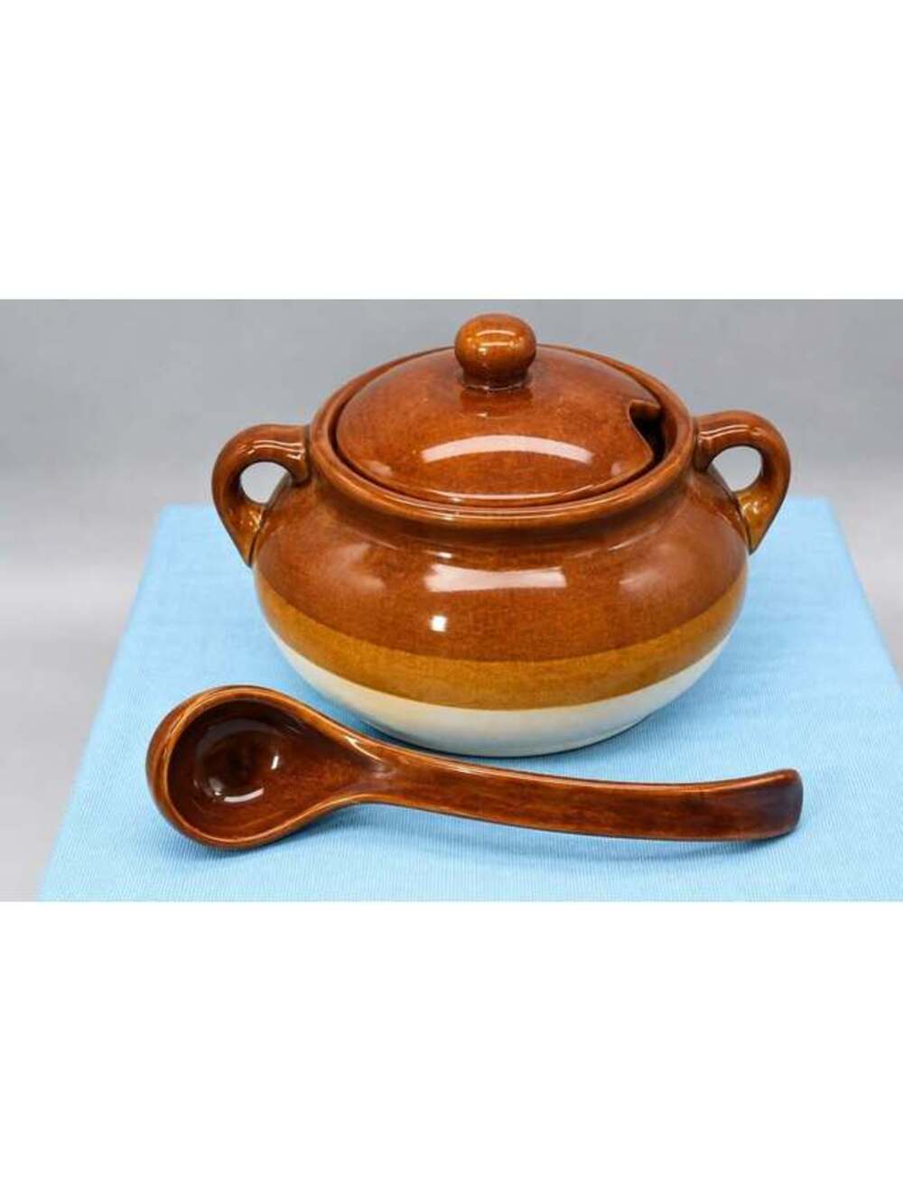 Vtg Brown Stoneware Soup Crock Set 4 Lidded Bowls + Covered Serving Pot & Ladle